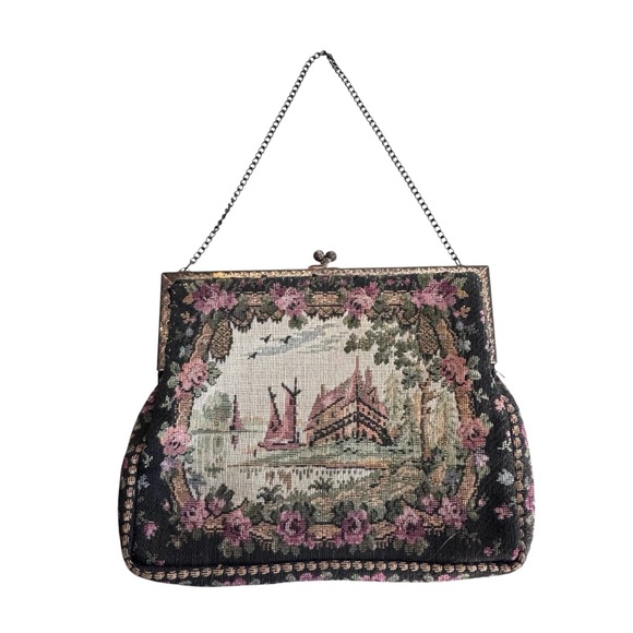 Vintage Handbags - Vintage Tapestry Needlepoint Purse Castle Boat  Turn Closure Satin Lining France